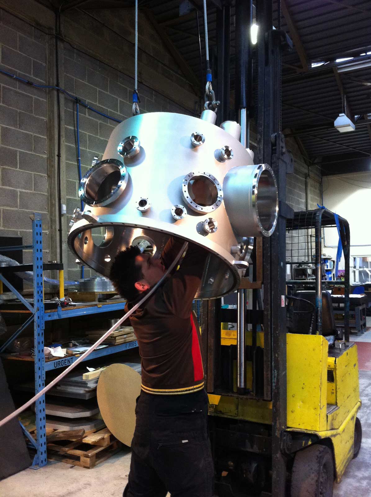 Large specialist ultra-high vacuum vessel being assembled within NTE's manufacturing facility.